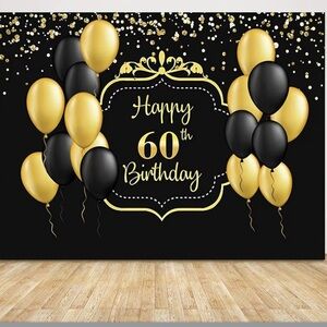 60th Birthday Party Backdrop with Gold and Black Balloons & Cake topper